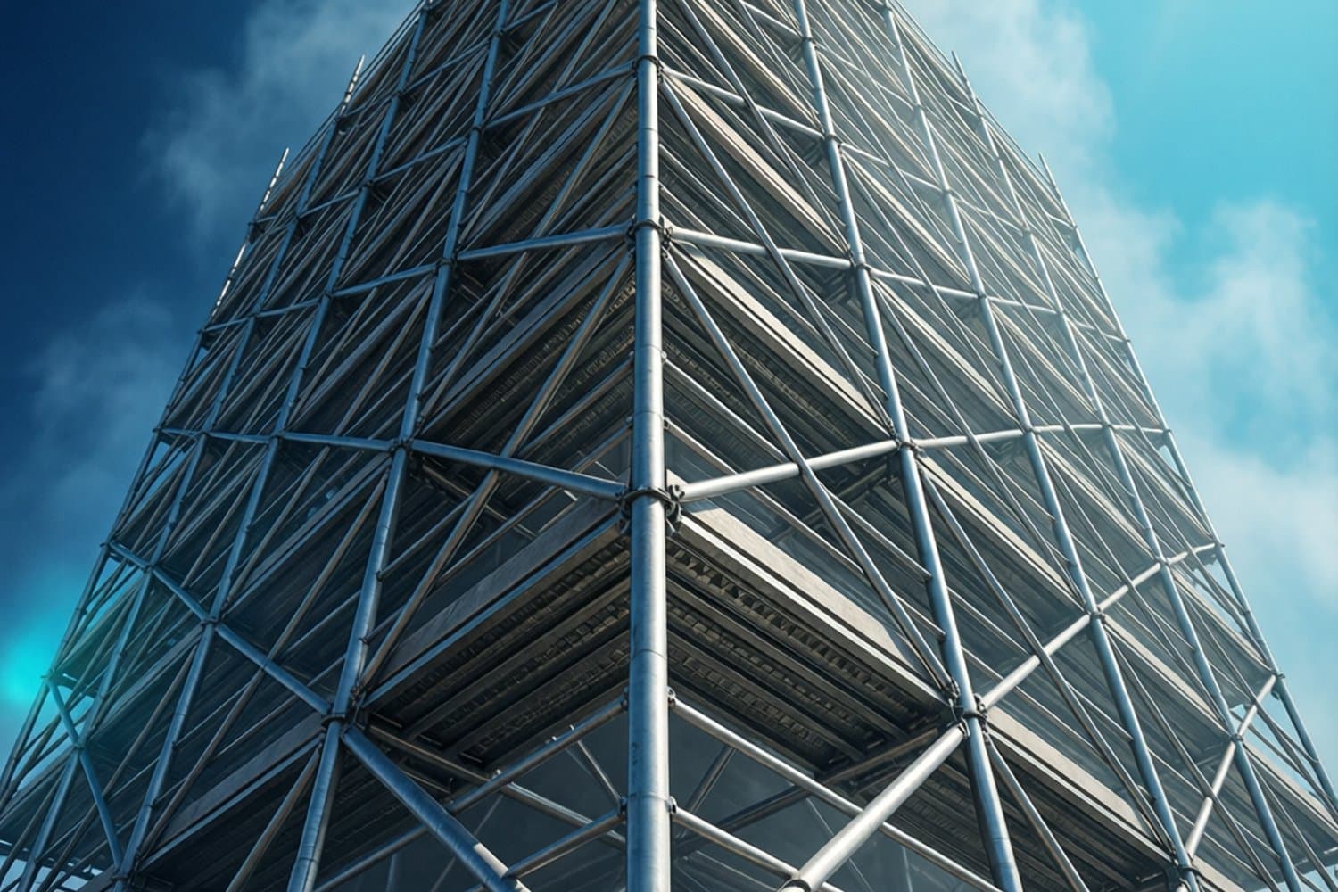 Torre de andamio RTK en obra con trabajador en altura